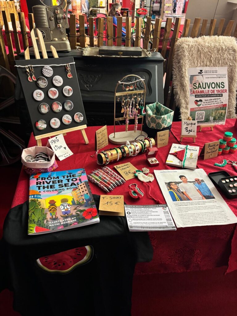 Solidarity stall displaying items donated or made by volunteers