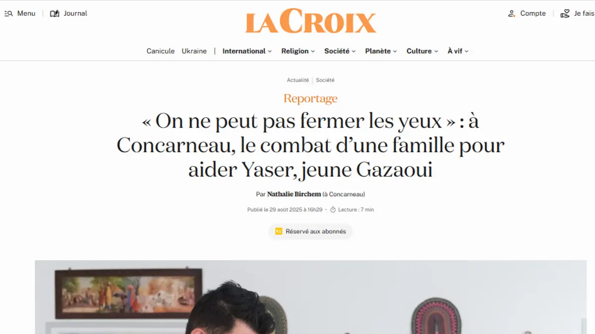 Screenshot of the La Croix article from August 29, 2025, dedicated to Yaser and the mobilization in Concarneau