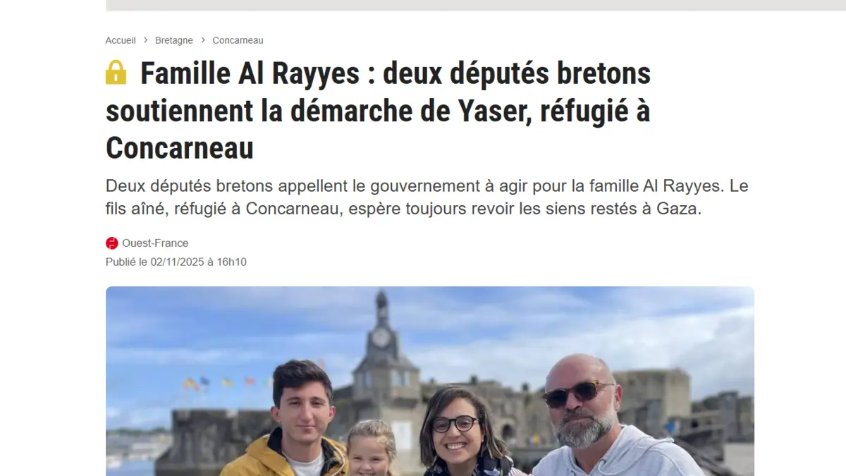 Screenshot of the Ouest-France article on the support of two MPs for the Al Rayyes family