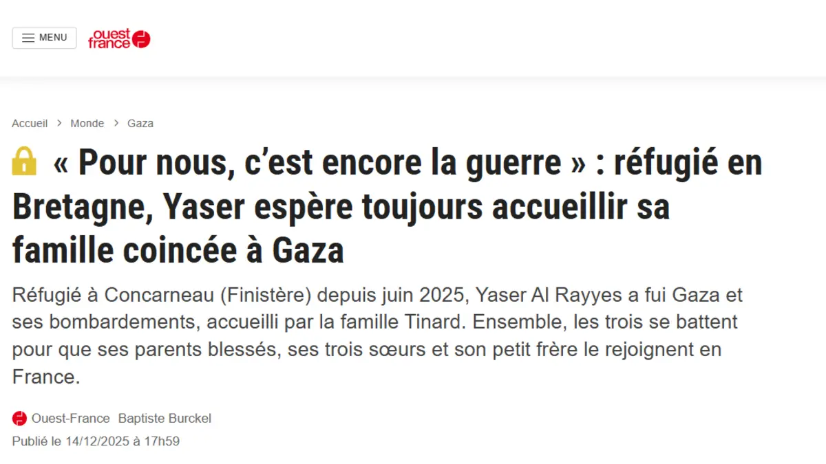 Preview of the Ouest-France article from December 14, 2025, dedicated to Yaser and his family trapped in Gaza