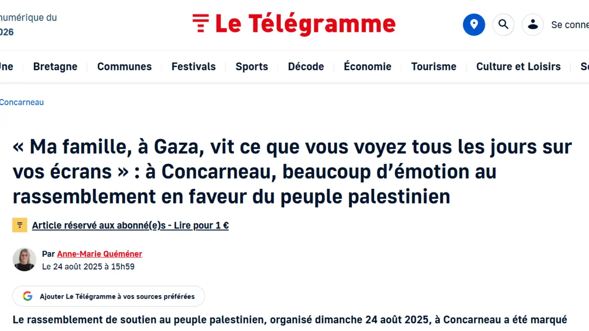Preview of the Le Télégramme article from August 24, 2025, on the gathering in support of Yaser and the Palestinian people